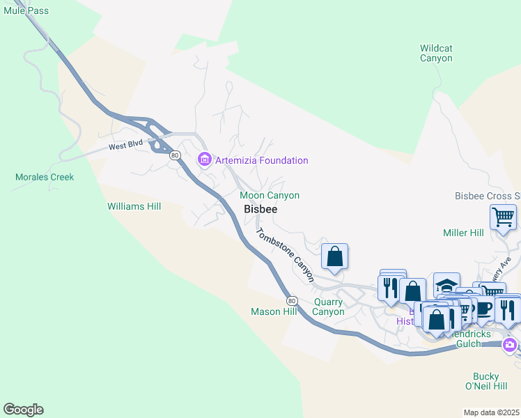 map of restaurants, bars, coffee shops, grocery stores, and more near in Bisbee