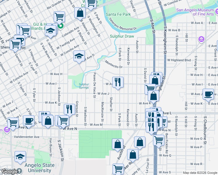 map of restaurants, bars, coffee shops, grocery stores, and more near 1325 Shafter Street in San Angelo
