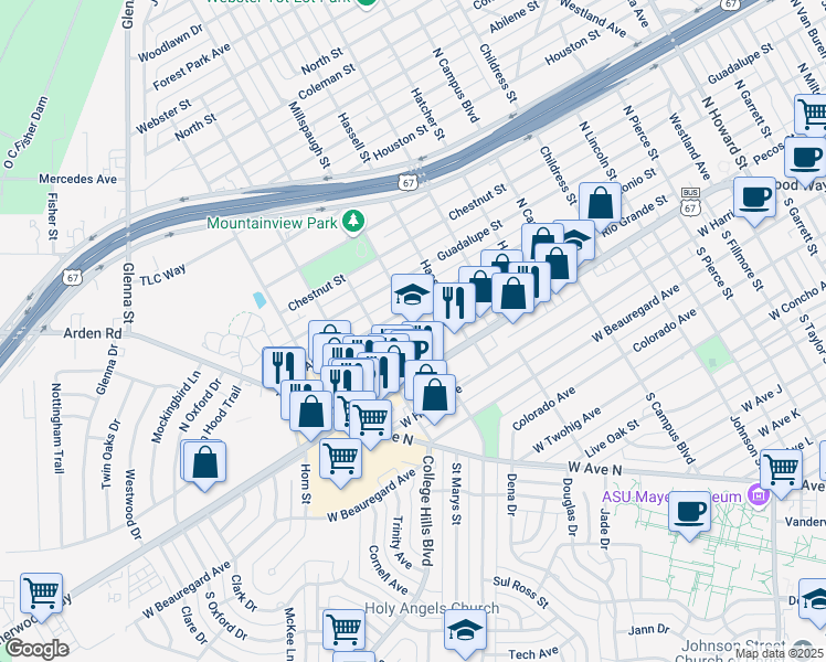 map of restaurants, bars, coffee shops, grocery stores, and more near 201 Millspaugh Street in San Angelo