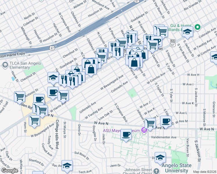 map of restaurants, bars, coffee shops, grocery stores, and more near 2500-2598 West Beauregard Avenue in San Angelo