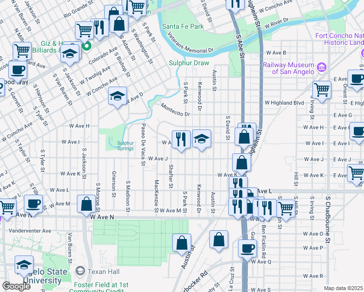 map of restaurants, bars, coffee shops, grocery stores, and more near 1303 South Park Street in San Angelo
