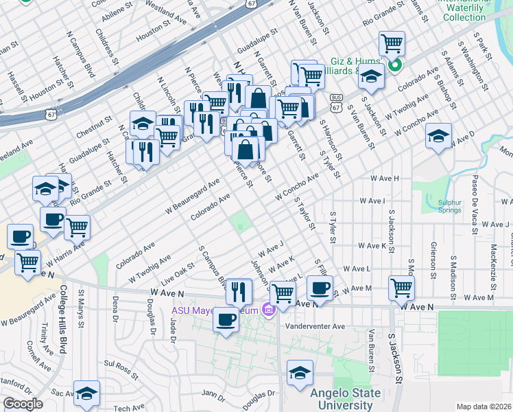 map of restaurants, bars, coffee shops, grocery stores, and more near 2200-2298 W Twohig Ave in San Angelo