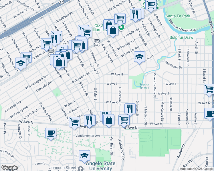 map of restaurants, bars, coffee shops, grocery stores, and more near 1818 West Avenue I in San Angelo
