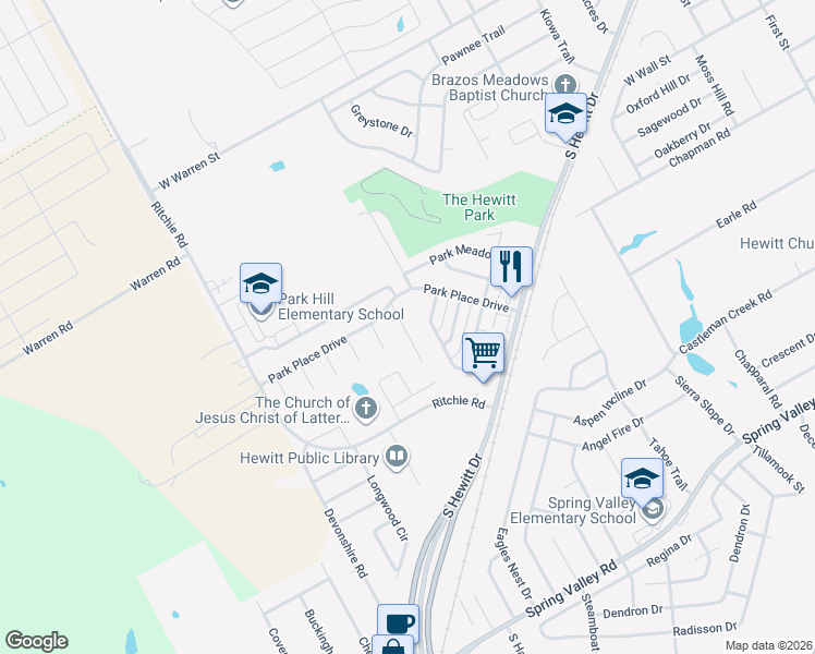 map of restaurants, bars, coffee shops, grocery stores, and more near 1024 Park View in Hewitt
