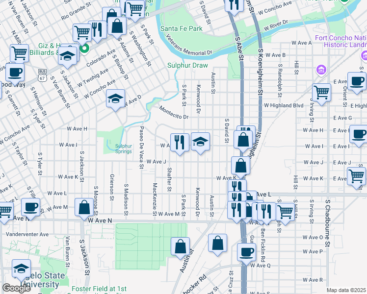 map of restaurants, bars, coffee shops, grocery stores, and more near 1303 South Park Street in San Angelo