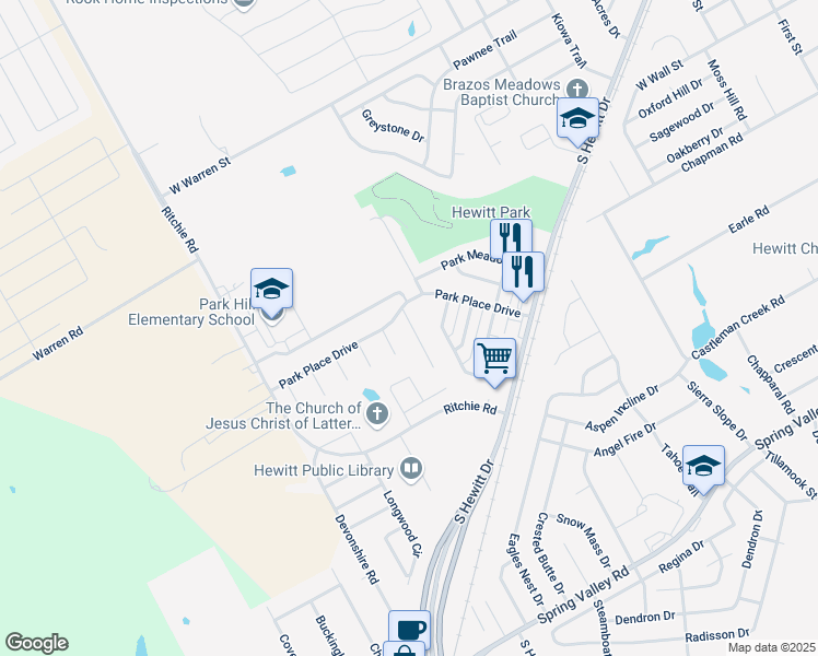 map of restaurants, bars, coffee shops, grocery stores, and more near 609 Park Lane in Hewitt