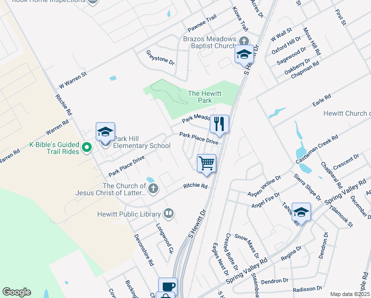 map of restaurants, bars, coffee shops, grocery stores, and more near 1011 Park View in Hewitt