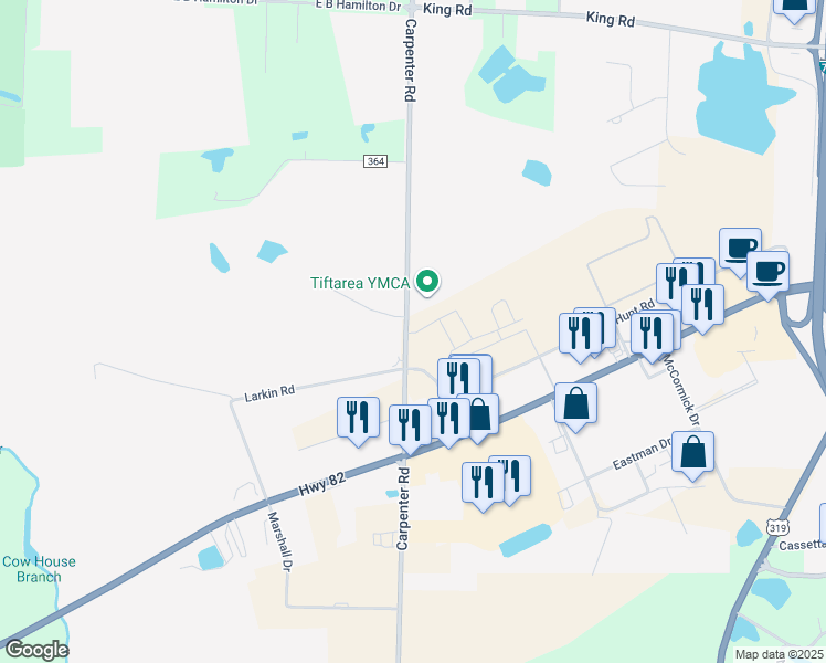 map of restaurants, bars, coffee shops, grocery stores, and more near 1665 Carpenter Road South in Tifton