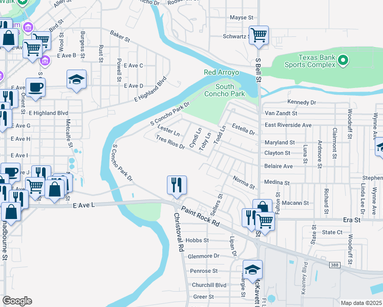 map of restaurants, bars, coffee shops, grocery stores, and more near 1218 Cyndi Lane in San Angelo