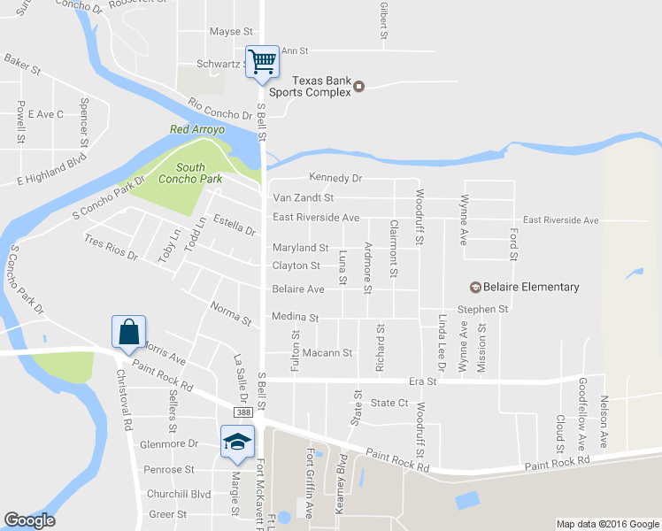 map of restaurants, bars, coffee shops, grocery stores, and more near 132 Clayton Street in San Angelo