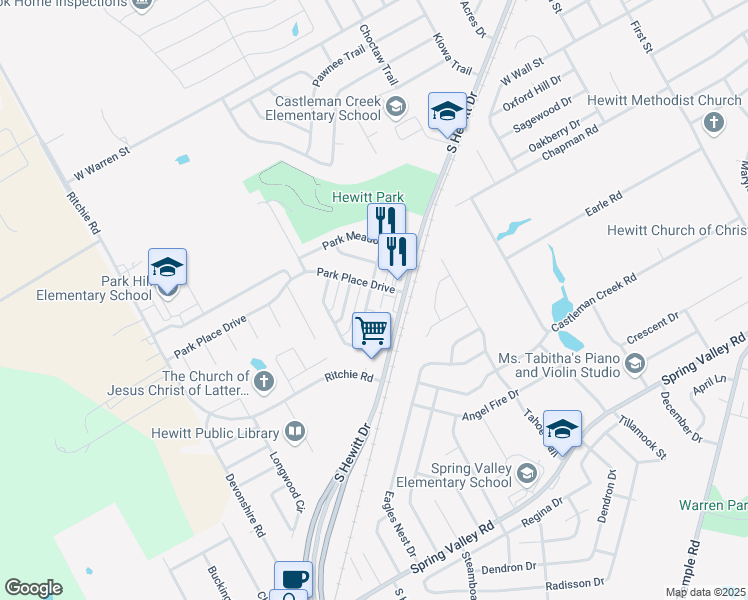 map of restaurants, bars, coffee shops, grocery stores, and more near 906 Parkview Circle in Hewitt