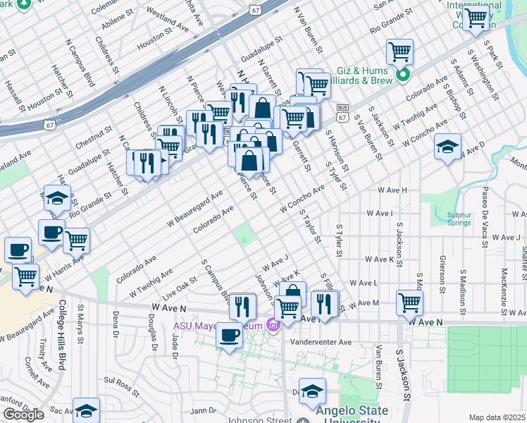 map of restaurants, bars, coffee shops, grocery stores, and more near 2298 W Twohig Ave in San Angelo