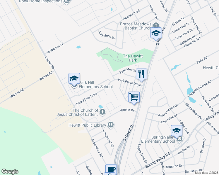 map of restaurants, bars, coffee shops, grocery stores, and more near 603 Park Lane in Hewitt