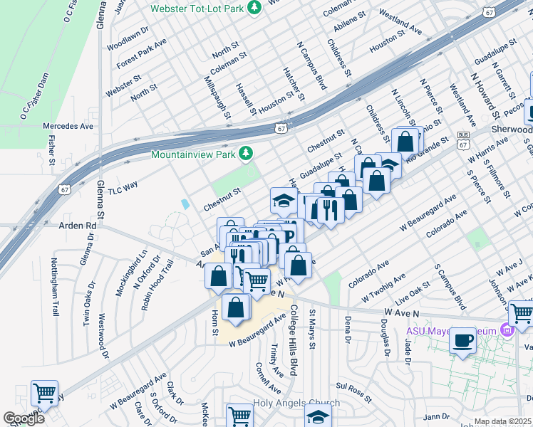 map of restaurants, bars, coffee shops, grocery stores, and more near 3016 San Antonio Street in San Angelo
