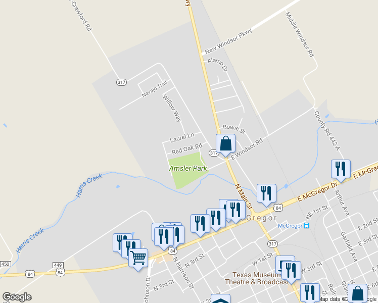 map of restaurants, bars, coffee shops, grocery stores, and more near 116 Red Oak Rd in McGregor