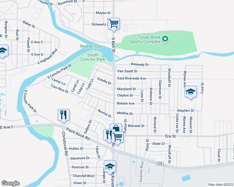 map of restaurants, bars, coffee shops, grocery stores, and more near 102 Clayton Street in San Angelo