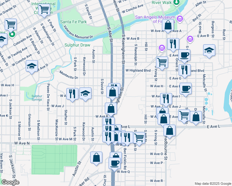 map of restaurants, bars, coffee shops, grocery stores, and more near 1222 South Bryant Boulevard in San Angelo