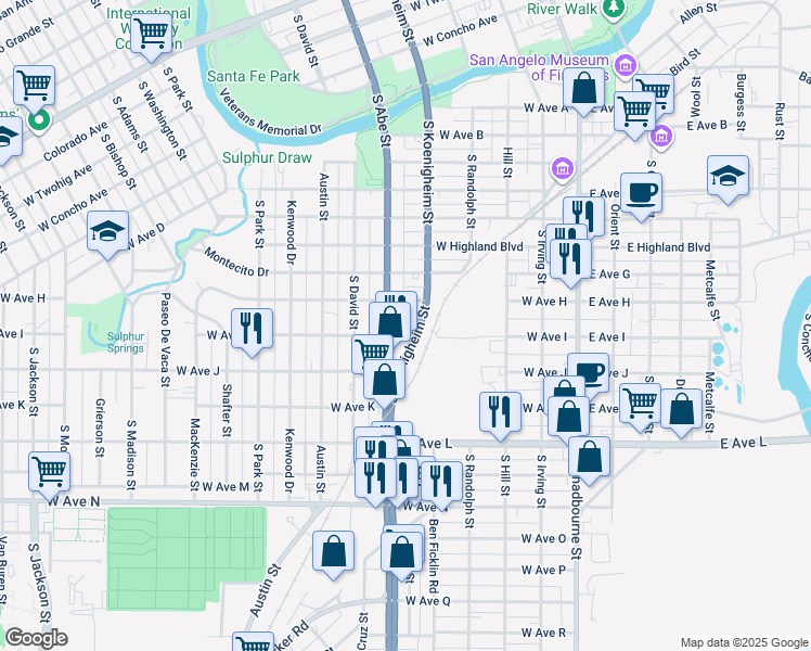 map of restaurants, bars, coffee shops, grocery stores, and more near 1222 South Bryant Boulevard in San Angelo