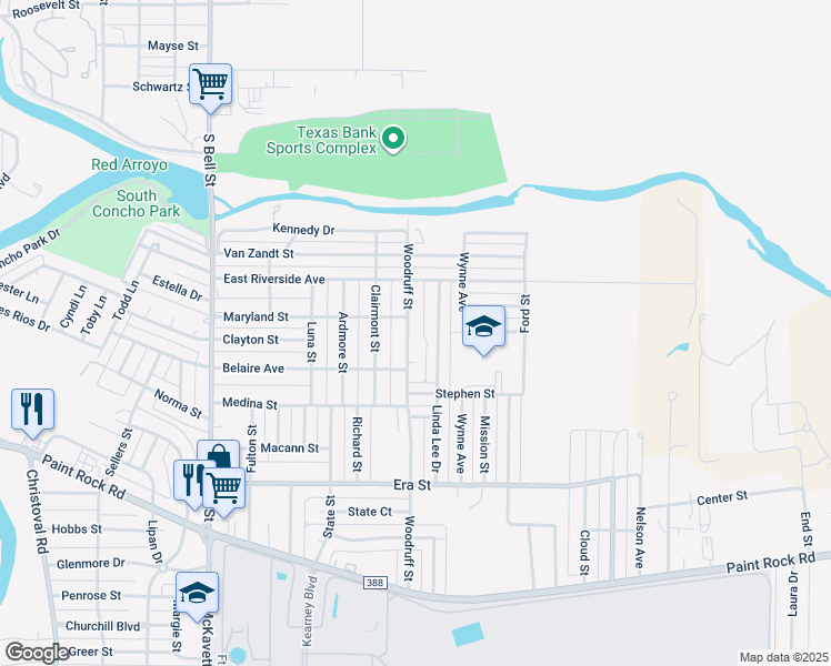 map of restaurants, bars, coffee shops, grocery stores, and more near 1108 Woodruff Street in San Angelo