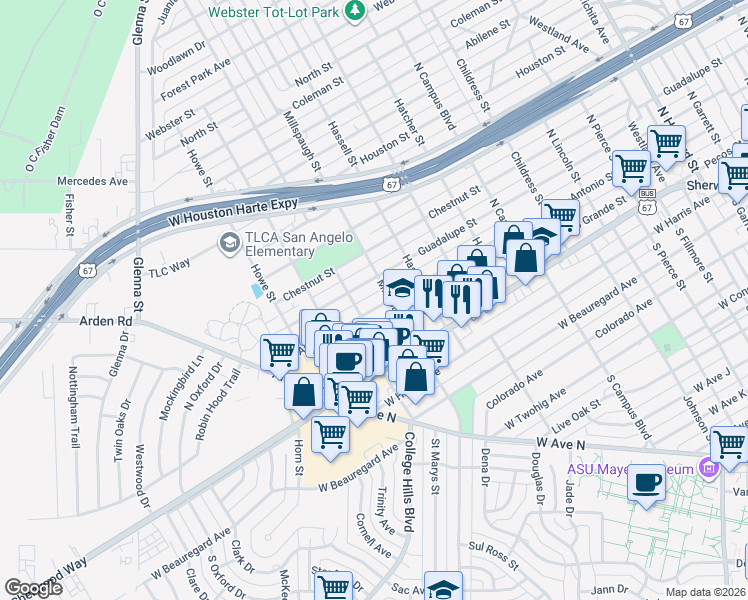 map of restaurants, bars, coffee shops, grocery stores, and more near 3002 San Antonio Street in San Angelo