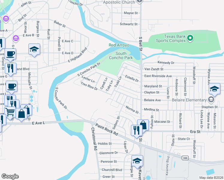 map of restaurants, bars, coffee shops, grocery stores, and more near 1201 Todd Lane in San Angelo