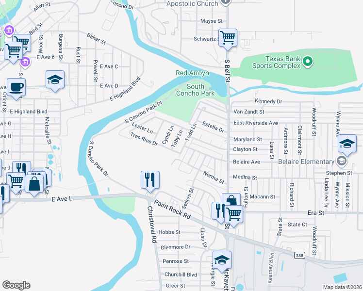 map of restaurants, bars, coffee shops, grocery stores, and more near 1201 Todd Lane in San Angelo