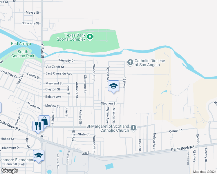 map of restaurants, bars, coffee shops, grocery stores, and more near 1612 Wynne Street in San Angelo