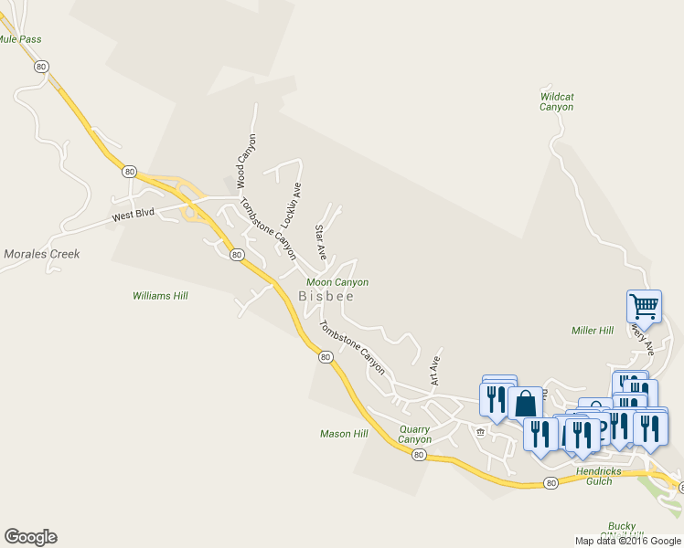 map of restaurants, bars, coffee shops, grocery stores, and more near 15 Moon Canyon in Bisbee