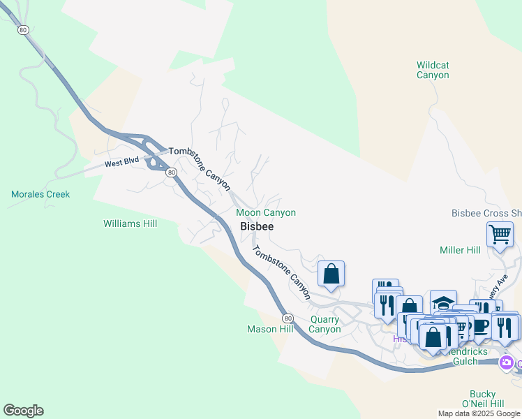 map of restaurants, bars, coffee shops, grocery stores, and more near 15 Moon Canyon in Bisbee