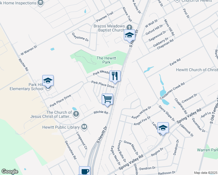 map of restaurants, bars, coffee shops, grocery stores, and more near 900 Park View in Hewitt
