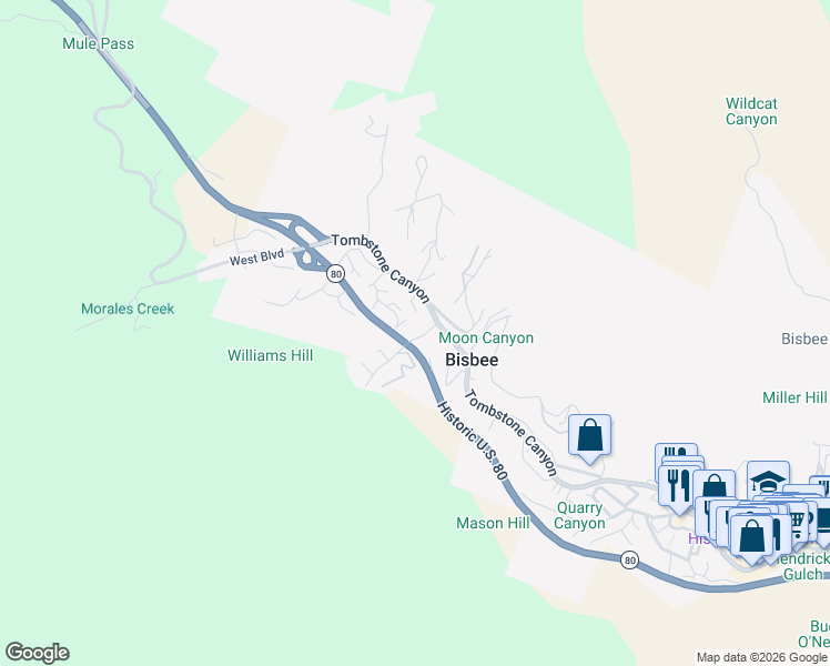 map of restaurants, bars, coffee shops, grocery stores, and more near 9 Spring Canyon Road in Bisbee