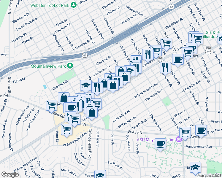 map of restaurants, bars, coffee shops, grocery stores, and more near 2633-2685 Sherwood Way in San Angelo