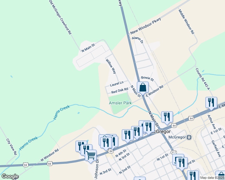 map of restaurants, bars, coffee shops, grocery stores, and more near 123 Red Oak Road in McGregor