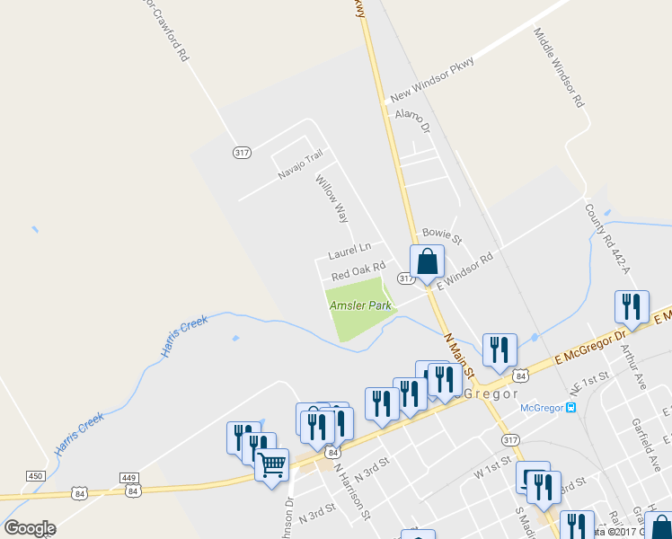 map of restaurants, bars, coffee shops, grocery stores, and more near 123 Red Oak Rd in McGregor