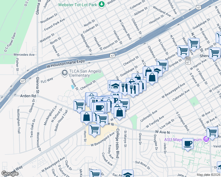 map of restaurants, bars, coffee shops, grocery stores, and more near 3002 San Antonio Street in San Angelo