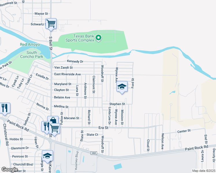 map of restaurants, bars, coffee shops, grocery stores, and more near 1108 Woodruff Street in San Angelo