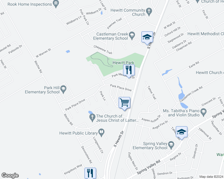 map of restaurants, bars, coffee shops, grocery stores, and more near 1023 Park View in Hewitt