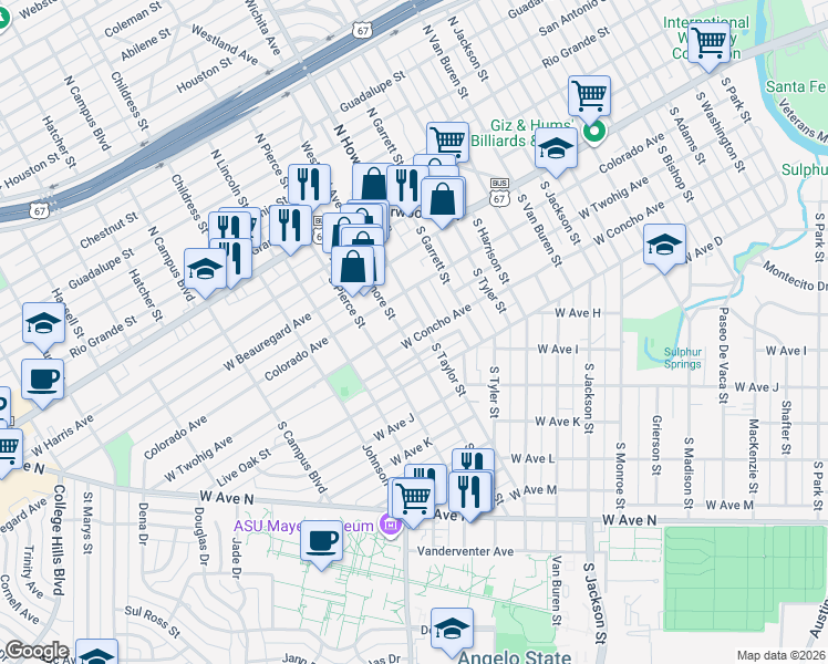 map of restaurants, bars, coffee shops, grocery stores, and more near 323-421 S Taylor St in San Angelo
