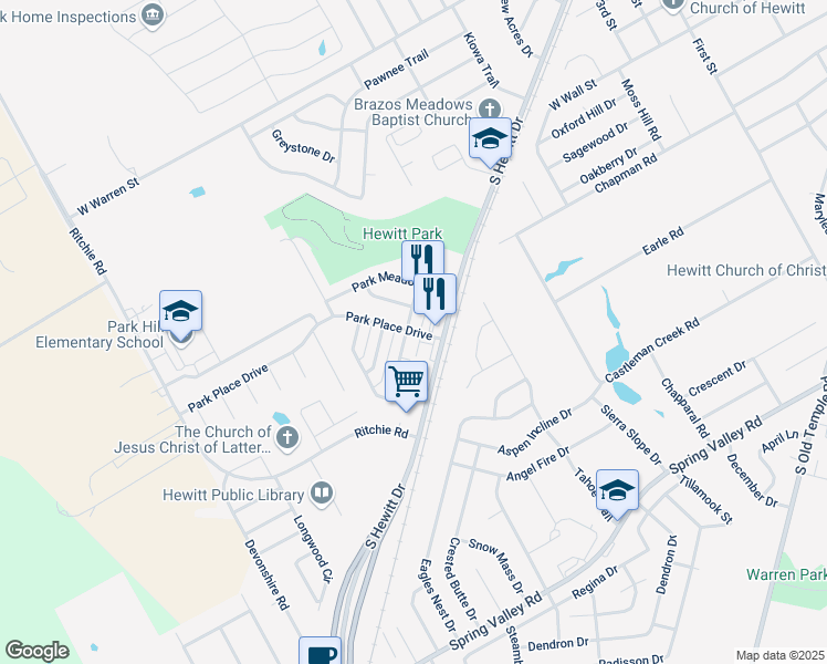 map of restaurants, bars, coffee shops, grocery stores, and more near 702 Park Place Drive in Hewitt