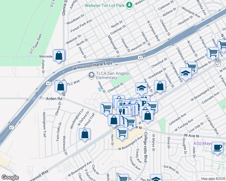map of restaurants, bars, coffee shops, grocery stores, and more near 3201-3299 Chestnut Street in San Angelo