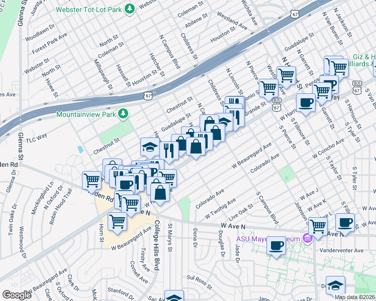 map of restaurants, bars, coffee shops, grocery stores, and more near 105 North Garfield Street in San Angelo