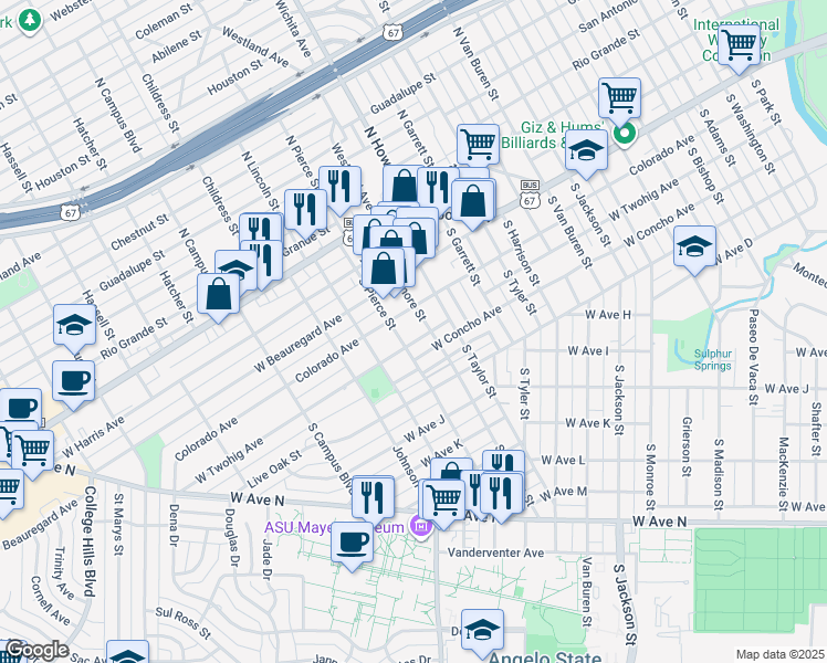 map of restaurants, bars, coffee shops, grocery stores, and more near 2200-2298 W Twohig Ave in San Angelo