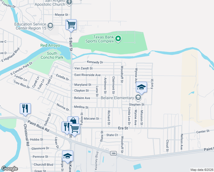 map of restaurants, bars, coffee shops, grocery stores, and more near 1101-1199 Ardmore St in San Angelo