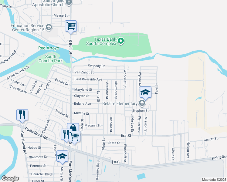 map of restaurants, bars, coffee shops, grocery stores, and more near 1105 Clairmont Street in San Angelo
