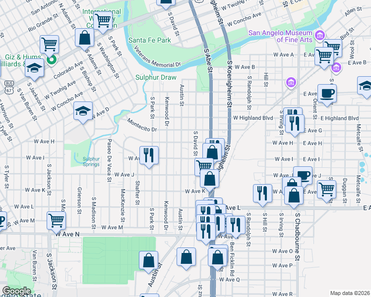 map of restaurants, bars, coffee shops, grocery stores, and more near 1212 Austin Street in San Angelo