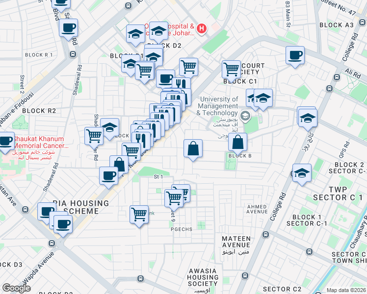 map of restaurants, bars, coffee shops, grocery stores, and more near 185 PIA Main Boulevard in Lahore