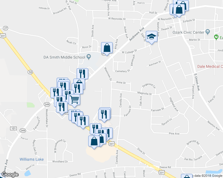 map of restaurants, bars, coffee shops, grocery stores, and more near 245 Westview Drive in Ozark