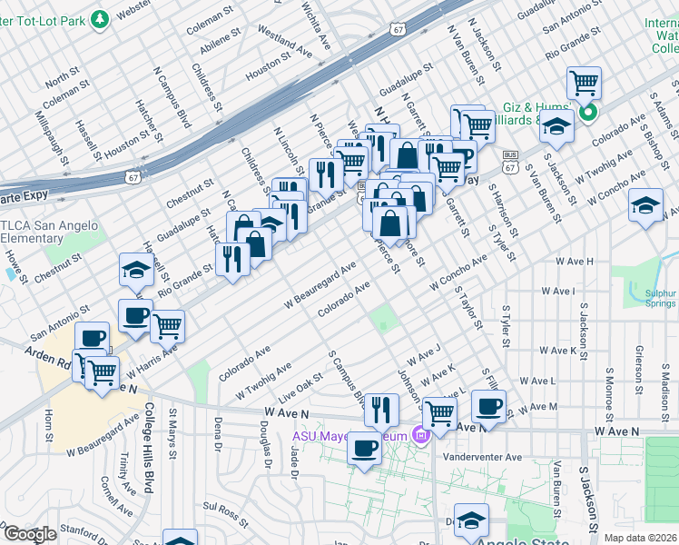 map of restaurants, bars, coffee shops, grocery stores, and more near 2500 West Beauregard Avenue in San Angelo