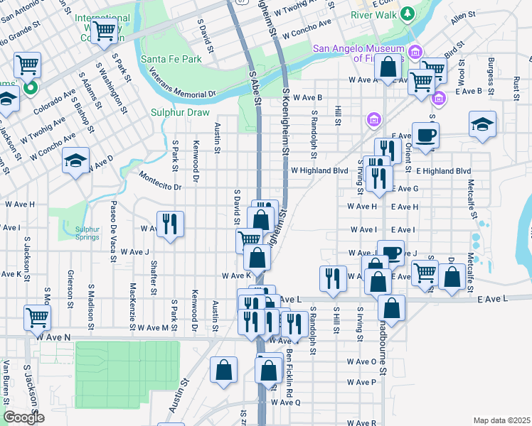 map of restaurants, bars, coffee shops, grocery stores, and more near 1222 South Bryant Boulevard in San Angelo