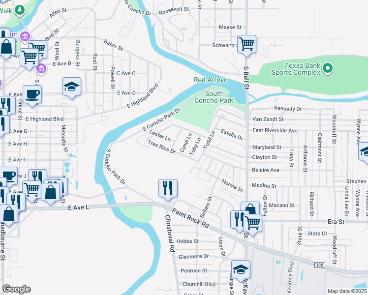 map of restaurants, bars, coffee shops, grocery stores, and more near 1218 Cyndi Lane in San Angelo